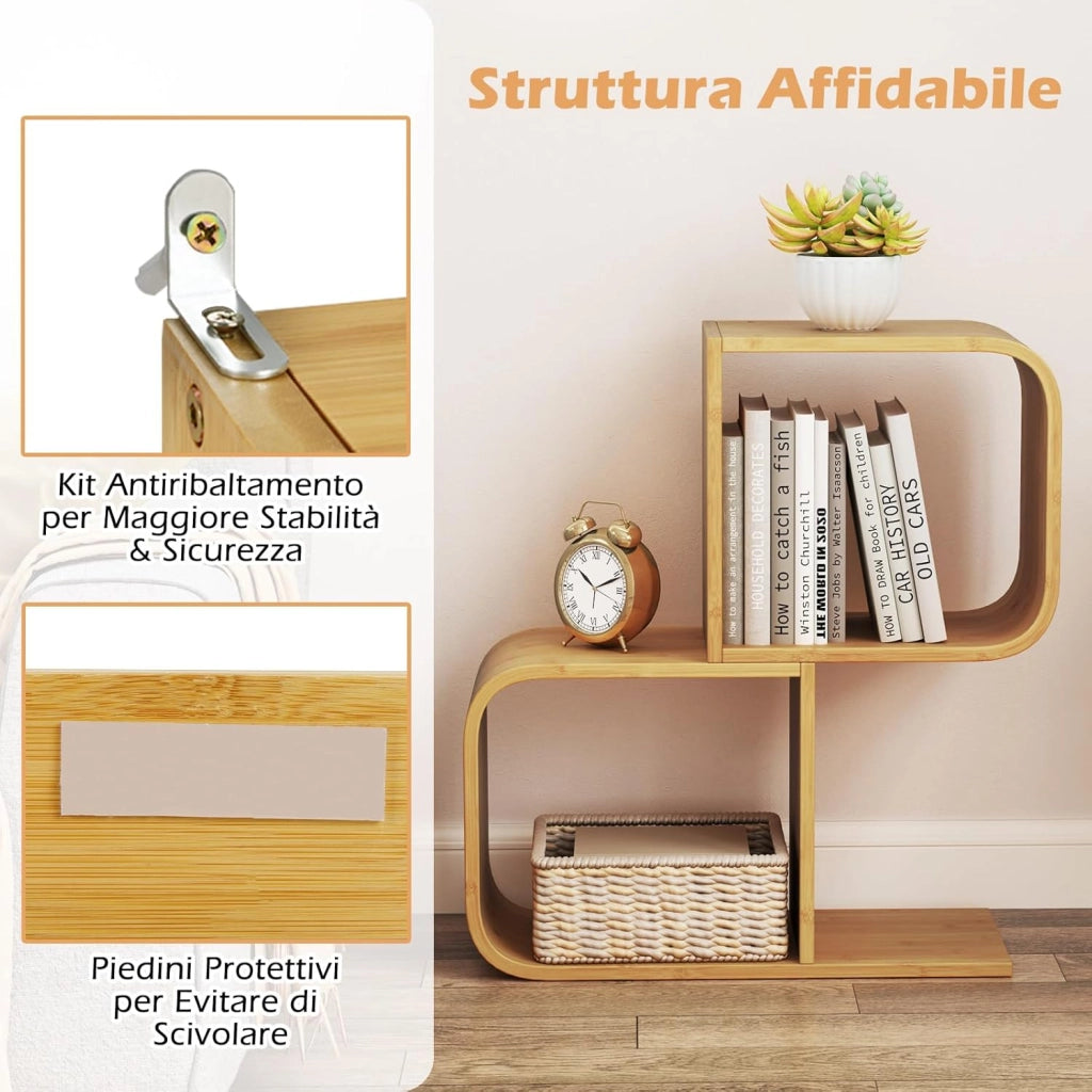 Libreria a 2 Cubi Forma di S, Libreria Bassa Scaffale in Bamboo, Libreria Design Moderna Salvaspazio Piccola da Terra, per Soggiorno, Studio e Ufficio, 61 x 23 x 66,5 cm, Naturale (2 Livelli)