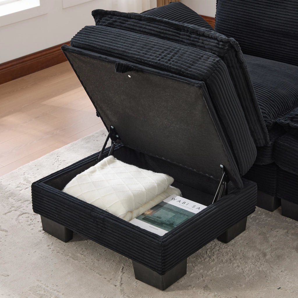 Divano modulare 3 posti con pouf, seduta ampia, USB-C, tasche laterali, in corduroy, nero