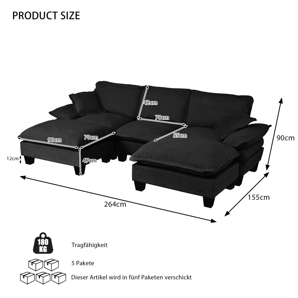 Divano panoramico a U modulare con pouf rimovibile e braccioli imbottiti in ciniglia nero 263 × 151 × 90 cm