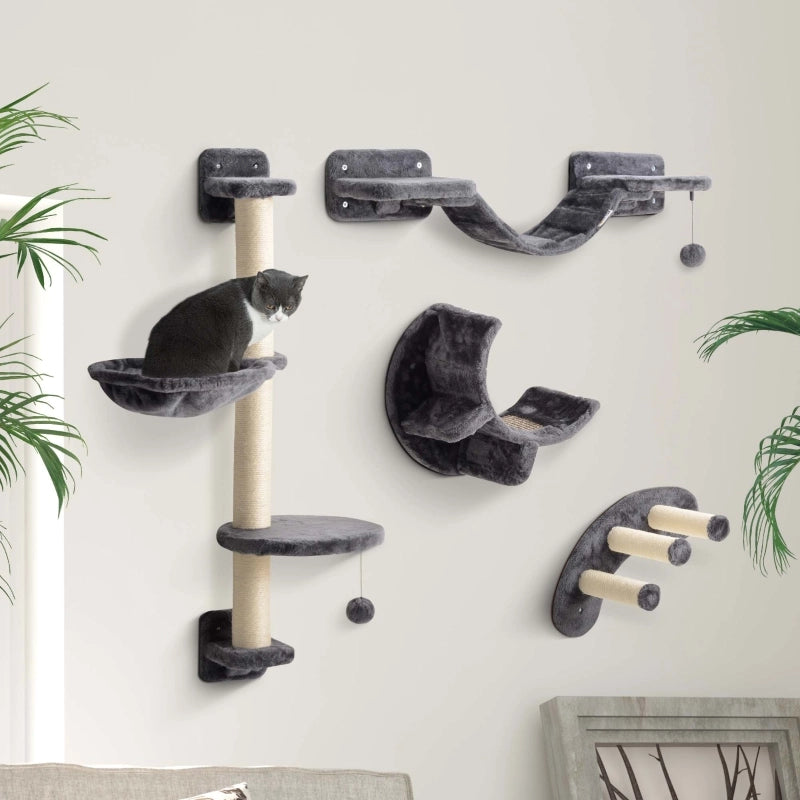 Parete da arrampicata per gatti, set da 4 pezzi con amaca e ponte per gatti, adatta a gatti fino a 5 kg, grigio scuro.