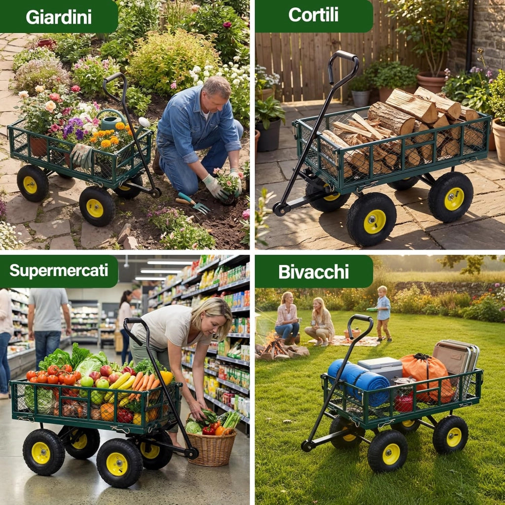 Carrello da Giardino in Metallo, Carretto a Mano con 4 Ruote Pneumatiche, Sponde Rete Rimovibili, Borsa Portaoggetti e Manico Regolabile, Portata 410 kg, per Giardinaggio, Trasporto e Fattoria