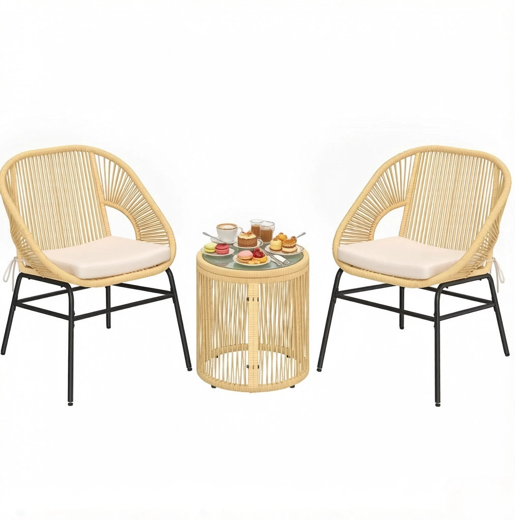 Set lounge da balcone 2 posti in rattan sintetico beige con tavolino in vetro temperato