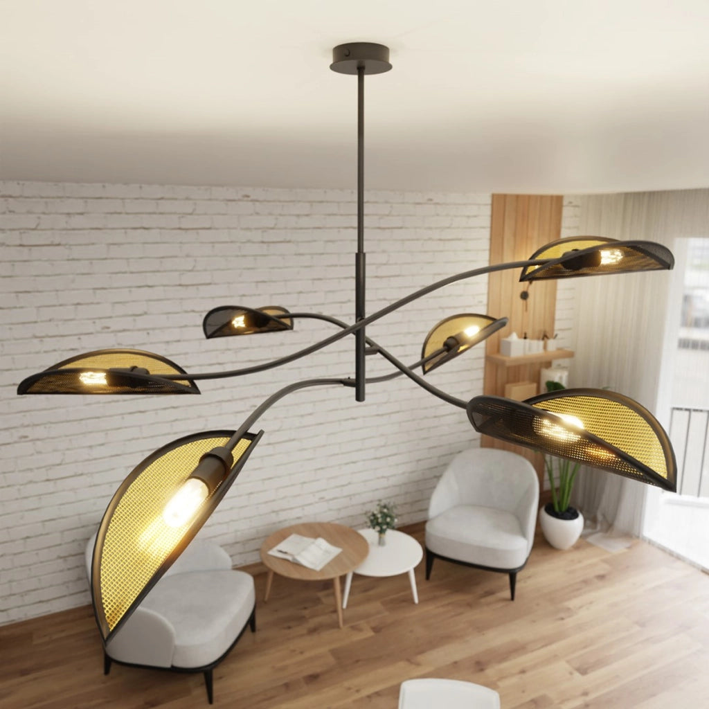 Lampada a sospensione Lotus in acciaio nero e oro