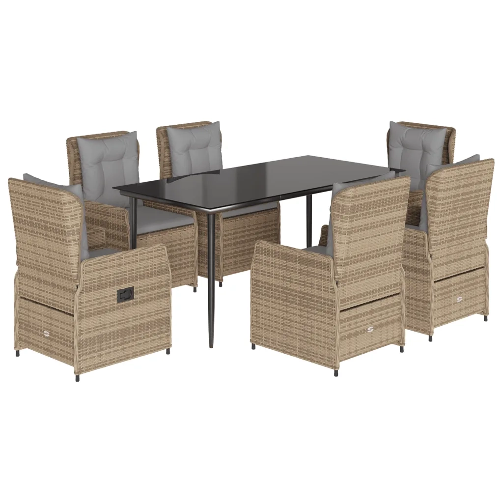 Set da Pranzo da Giardino 7 pz con Cuscini Beige in Polyrattan