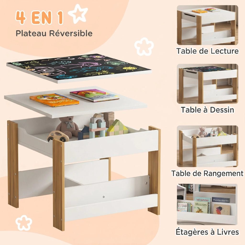 Set tavolo e 2 sedie per bambini ¨C Xylo ¨C con lavagna reversibile, scaffale e cestino portagiochi