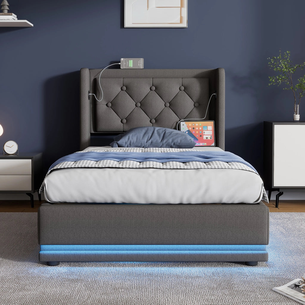 LETTO Contenitore Idraulico 90x200 cm Cotone Grigio con USB e LED