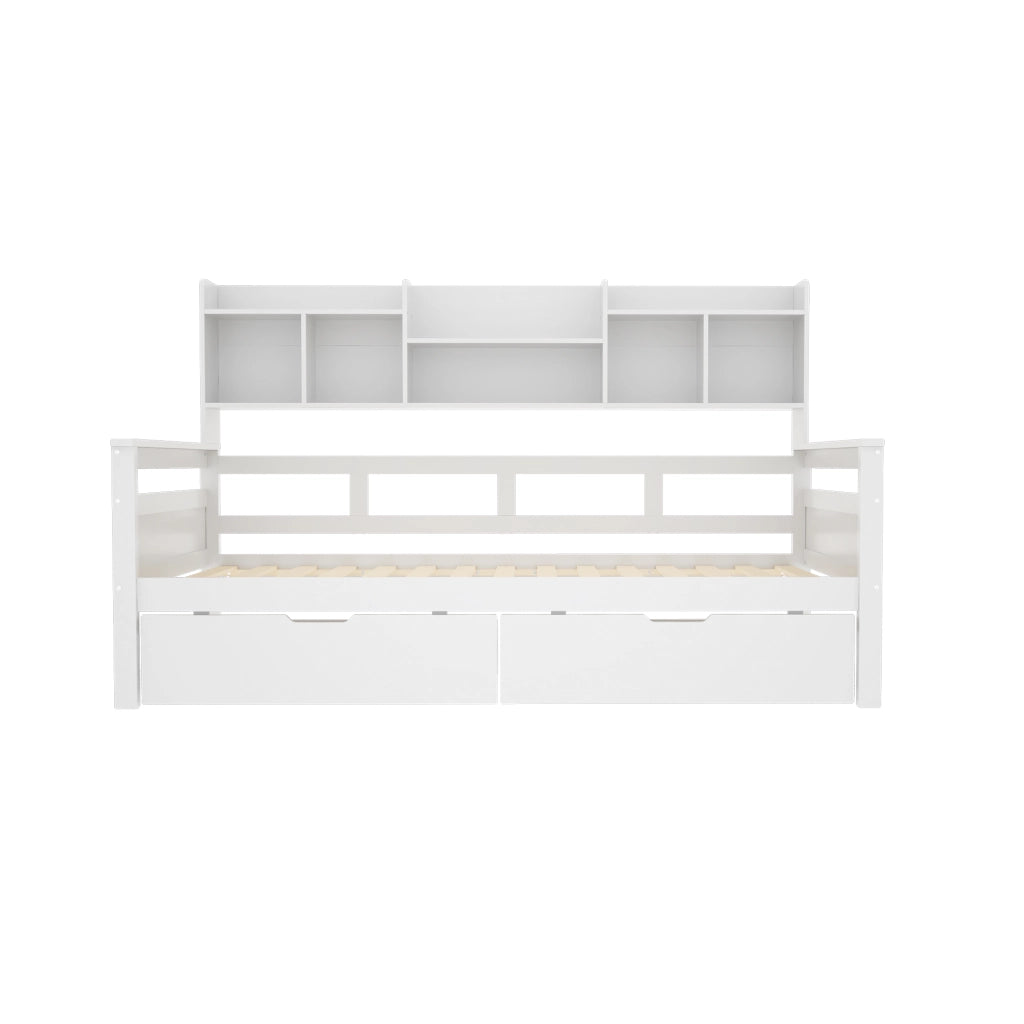 OKWISH Letto a Divano 90×200 cm, Letto Singolo con 2 Cassetti, Mensole e Scomparti, senza Materasso, in Legno, Bianco