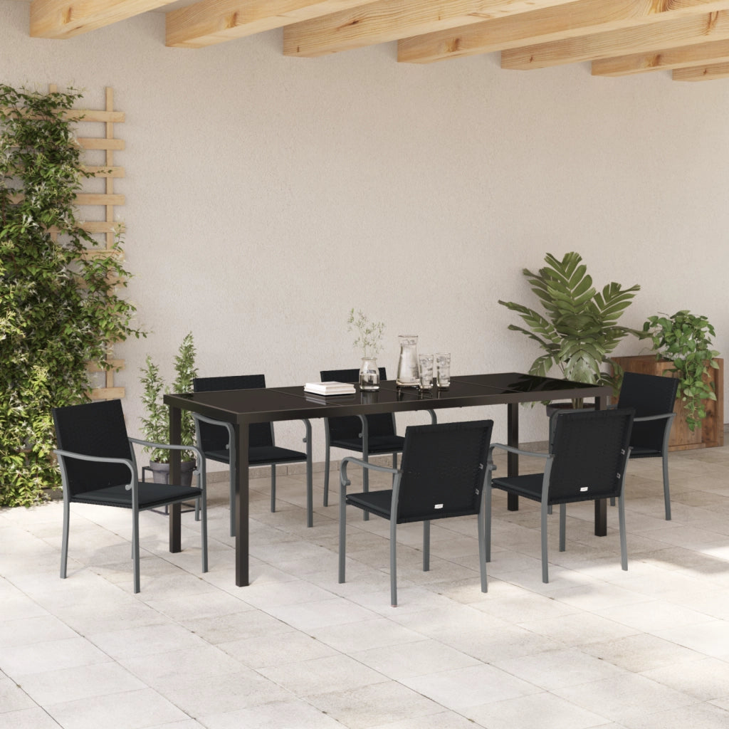 Set da pranzo per il giardino in 7 pezzi con cuscini in polyrattan neri