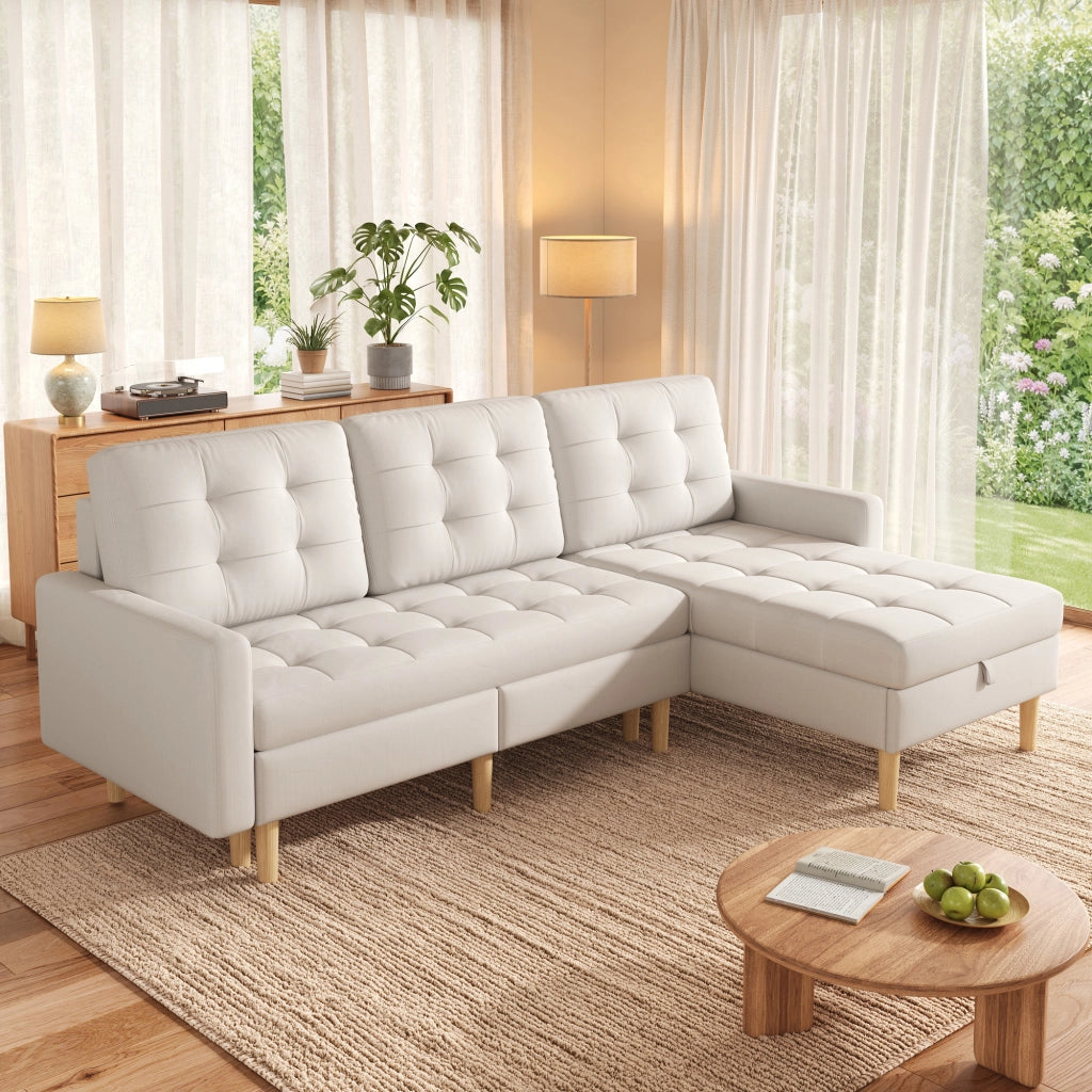 Divano angolare a L 212¡Á130¡Á86 cm con chaise longue reversibile e doppio spazio contenitore, rivestimento in tessuto beige