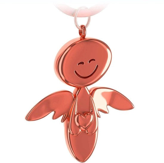 Angelo Protettore con Sorriso e Cuore - Porta Chiavi in Metallo Laccato Rosa Argento - Regalo Portafortuna per la Guida - Guida con Cautela