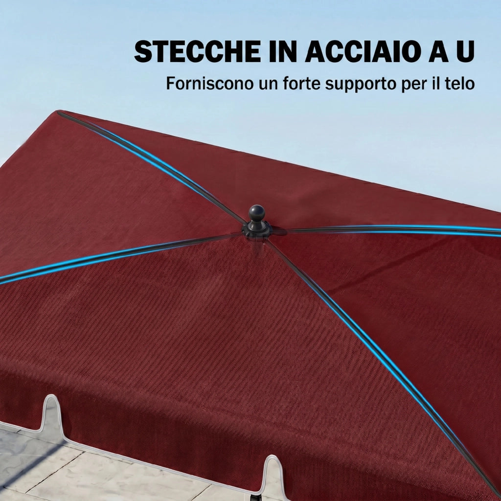 Ombrellone da Giardino Rettangolare e Regolabile con Palo in Alluminio, 2x1.3x2.5 m, Rosso Vino