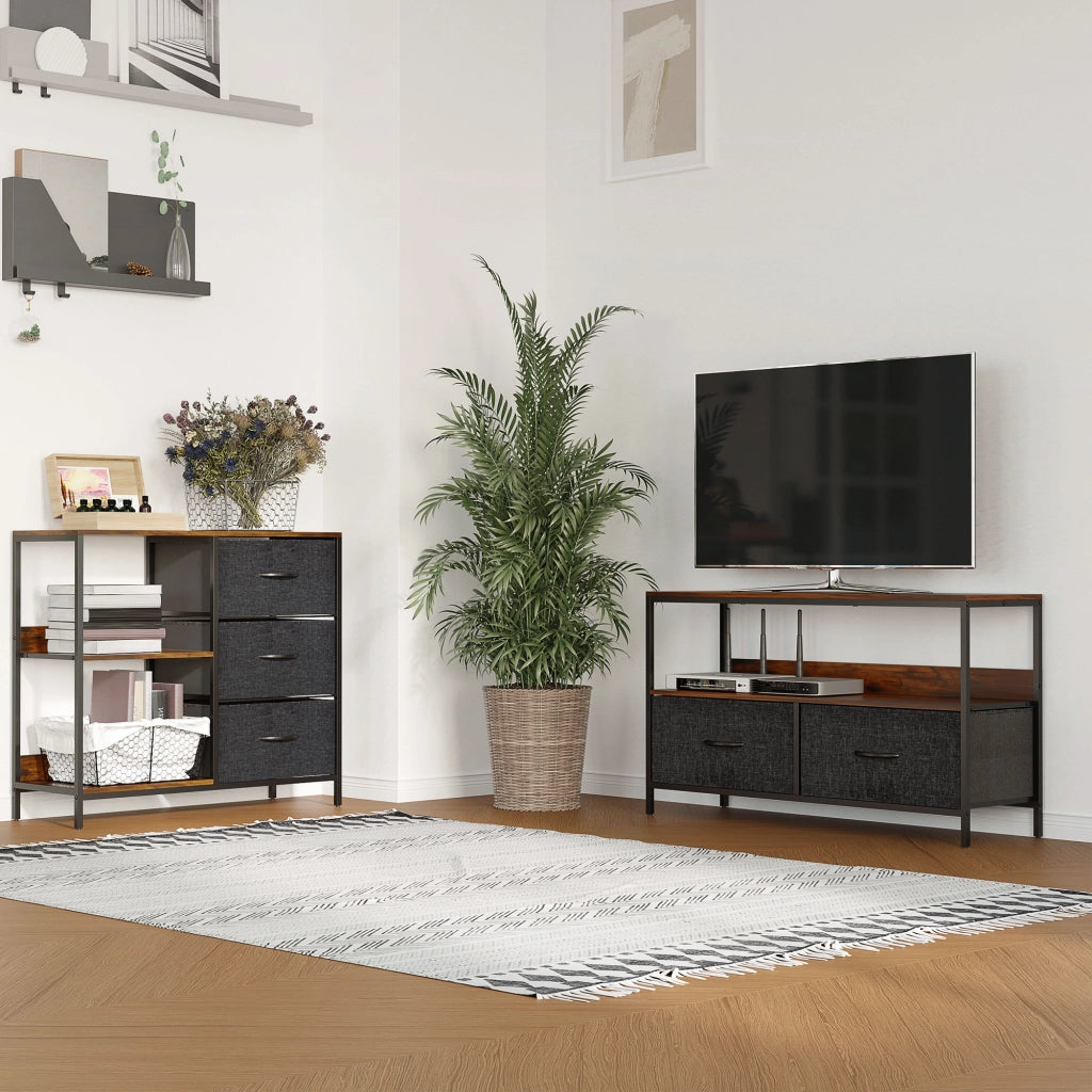 Mobile TV Bas Industriel con Cassetti ¨C Zephmum ¨C Tessuto Grigio MDF Rovere e Metallo Nero 120x30x40 cm