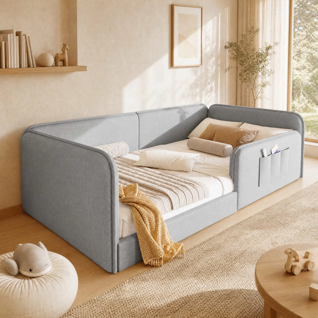 LETTO 90x200 cm in Lino Grigio con tasche laterali