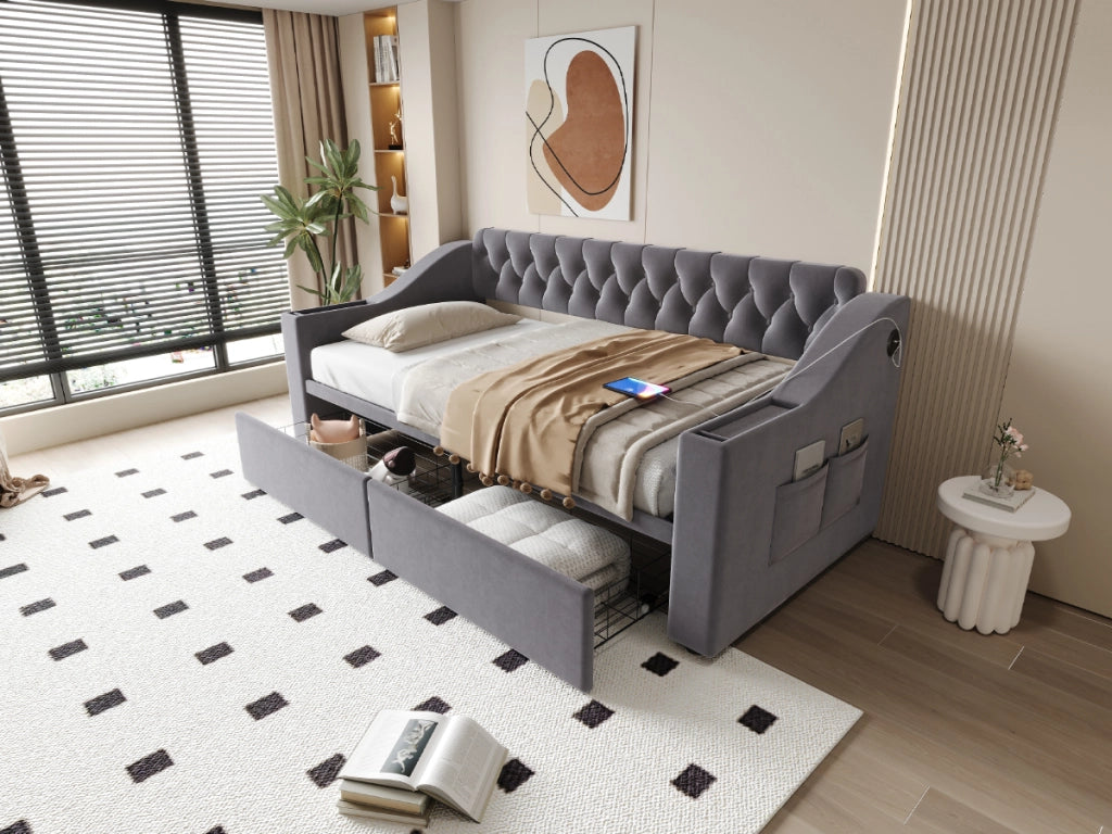 DESMIU Divano letto 90 × 190 cm 1 posto con 2 cassetti, porta USB e Type-C, senza materasso, in velluto, grigio