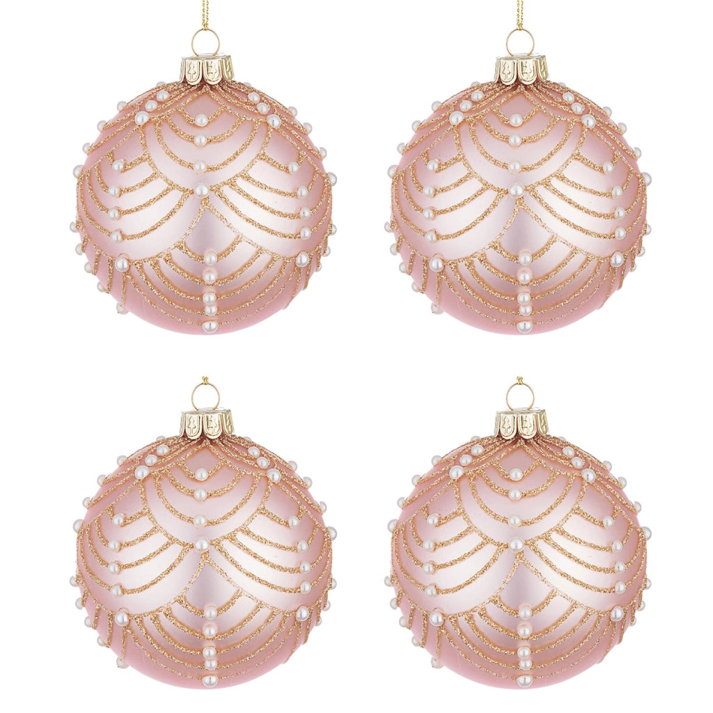 Palle di Natale in Vetro Rosa con Perle Bianche e Oro Addobbi Natalizi Albero Diametro: 100 mm