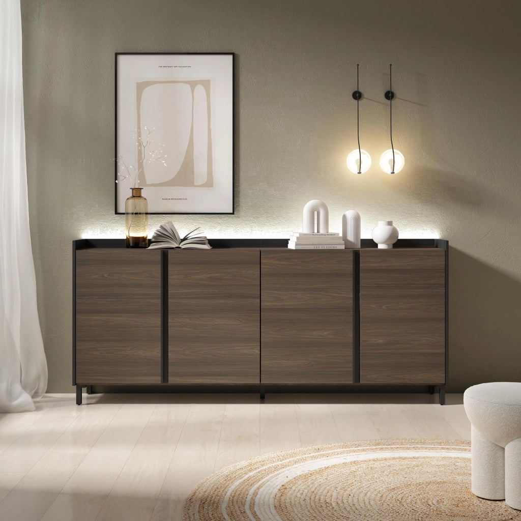 Credenza, Mobile, Cucina, 207x91x35 cm, 4 Porte, Design industriale, LED, Rovere scuro e Nero