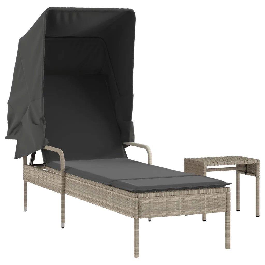Sdraio da giardino | Lettino con Baldacchino e Tavolino Grigio Chiaro in Polyrattan