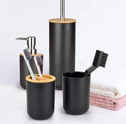 Set di accessori da bagno in bambù 6 pezzi - contenitore per lozioni, tazza per lo sciacquone, tazza per lo spazzolino da denti, contenitore per il sapone, contenitore per la spazzola del water, cestino per la spazzatura.