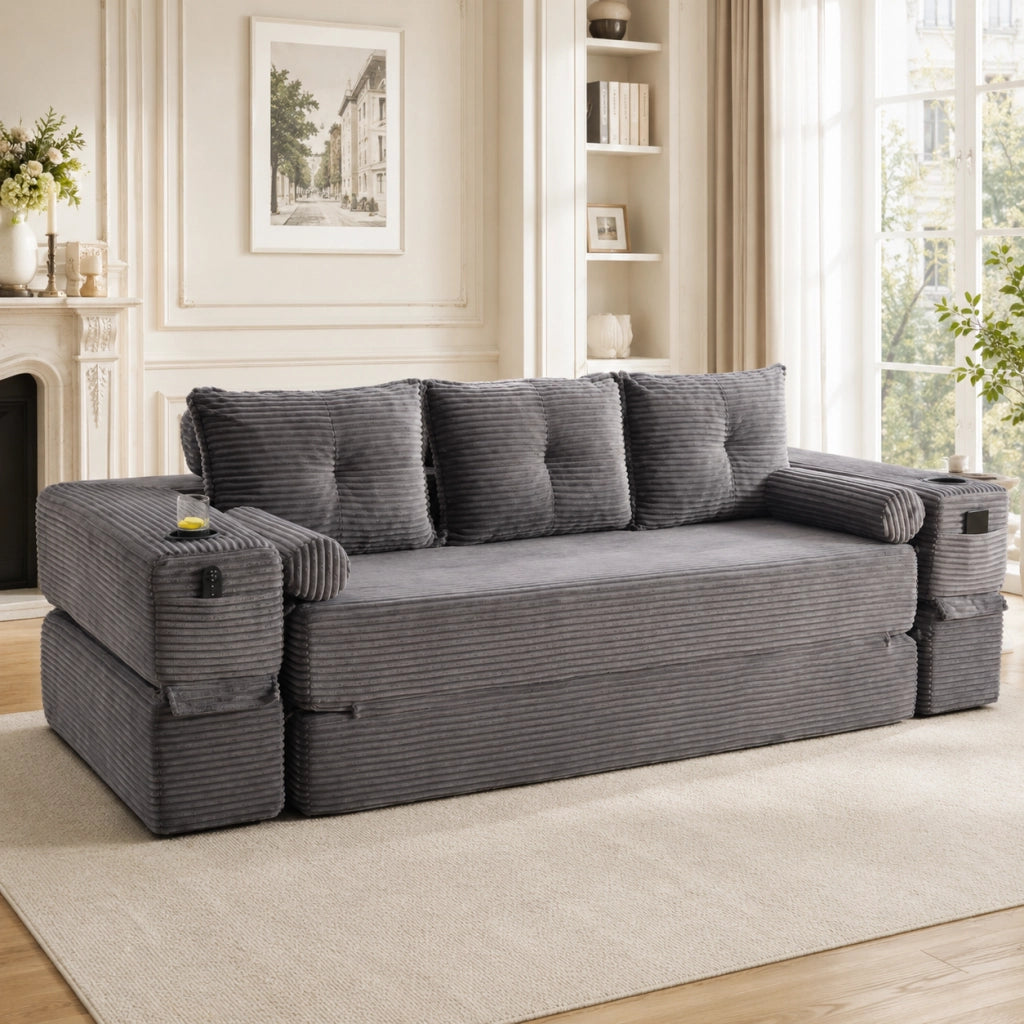 Divano letto convertibile modulare a 3 posti con tasche laterali e porta bicchieri in velluto a coste grigio scuro
