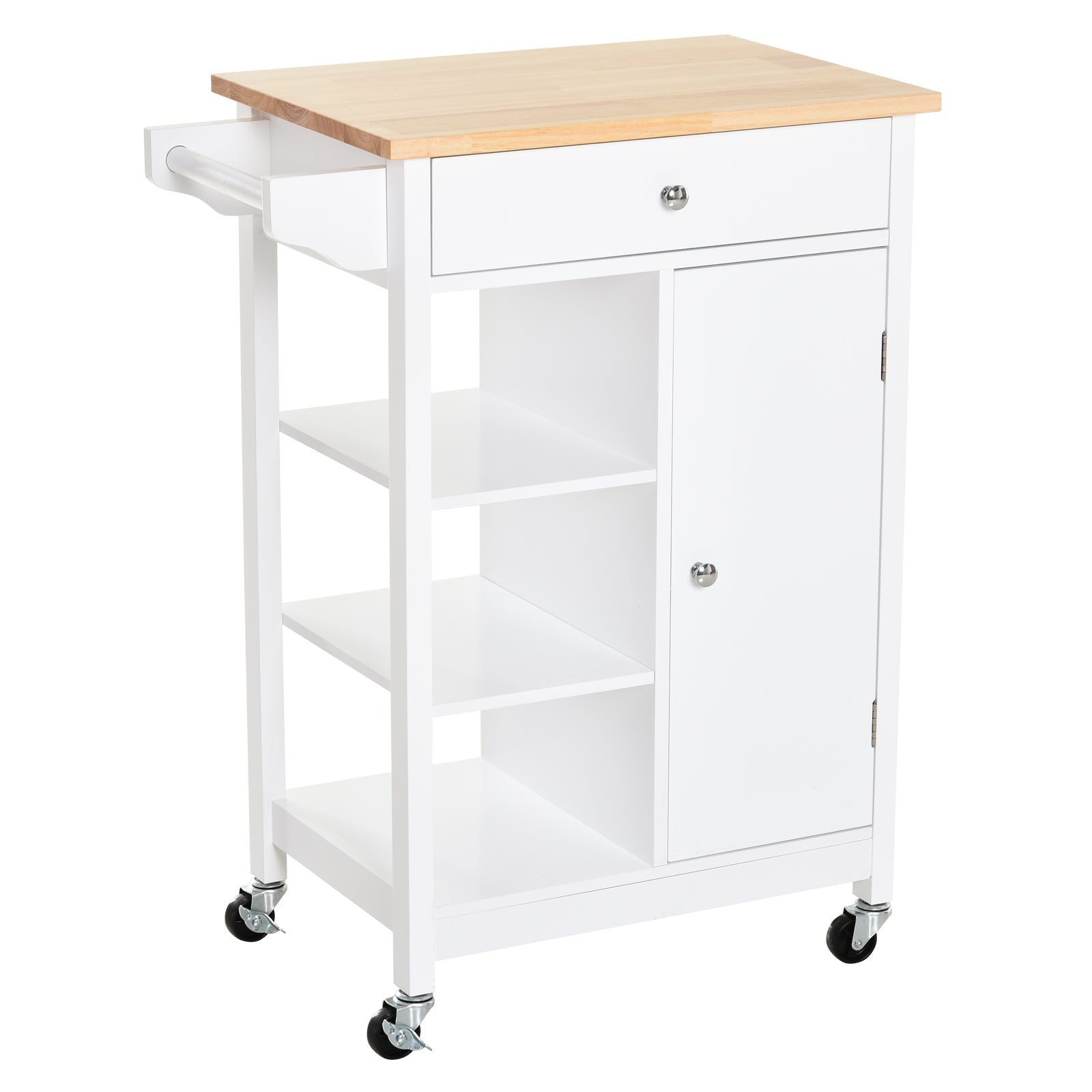 Carrello da Cucina 3 Ripiani Cassetto e 1 Anta in Legno 66x39,5x86,5 cm  Bianco