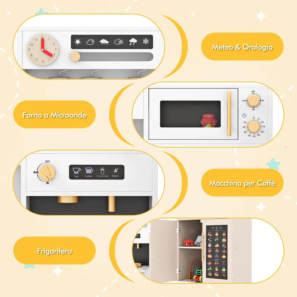 Set da Cucina Giocattolo per Bambini, Cucina per Bambini in Legno con Frigorifero, Macchina da Caffè, Microonde, Fornello, Luci e Suoni Realistici, per 3+ Anni