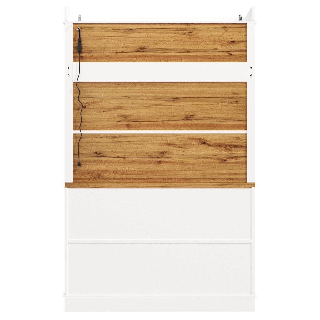 Set di 2 credenze alte con LED RGB, ripiano in vetro e 6 ganci, per cucina e sala da pranzo, bianco, 107 × 34 × 184 cm