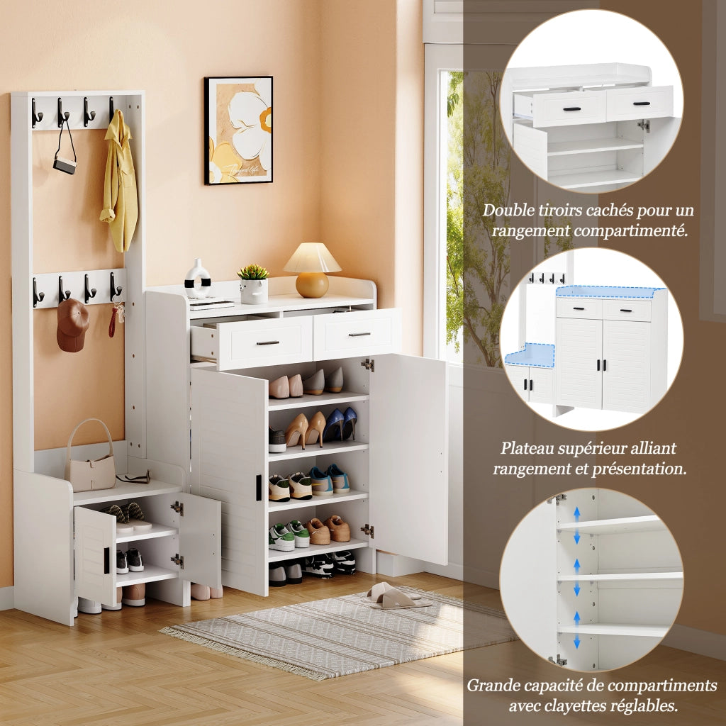 Mobile ingresso con 2 cassetti; 2 ante; 6 ripiani e 8 ganci; con vano aperto; per ingresso e corridoio; bianco; 125 Ã— 36 Ã— 165 cm