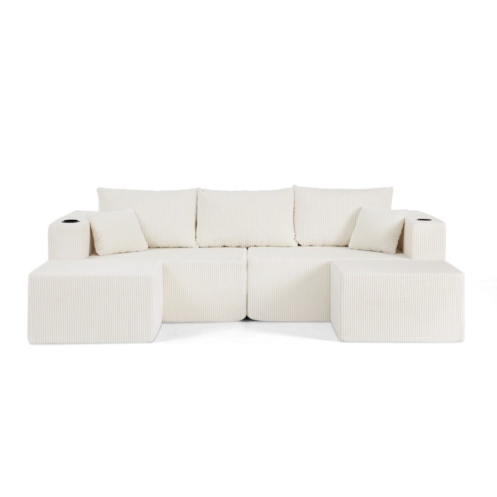 Divano angolare modulare 3 posti - con pouf mobili; portabicchieri e tasche - beige