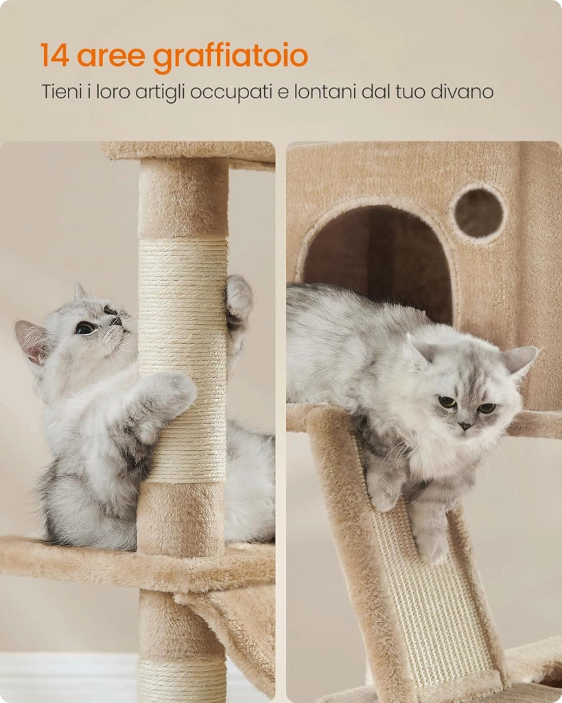 Feandrea Albero per Gatti, Alto 206 cm, Tiragraffi per Gatti Adulti, XXL, con 13 Graffiatoi, 2 Posatoi, 2 Grotte, Cesto, Pompon, in Peluche a Più Livelli per Interno, Marrone Cammello PCT190K01