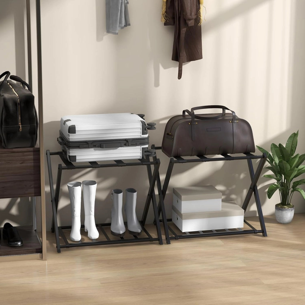 Portavaligie Pieghevole in Metallo 2 Pezzi 68 x 45 x 57 cm, Cavalletto Reggivaligie Multiuso con 2 Ripiani, Portabagagli Salvaspazio per Casa e Hotel Robusto, Portata 80 kg (Nero)