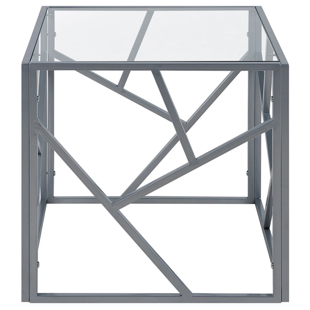 Tavolino Laterale Piano In Vetro Trasparente Struttura In Metallo Argento Cubo 50 x 50 cm Glam Modern