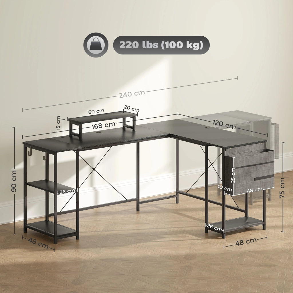 Scrivania Angolare Modulabile Reversibile 168-240 cm ¨C Minimal ¨C Legno Rovere Grigio