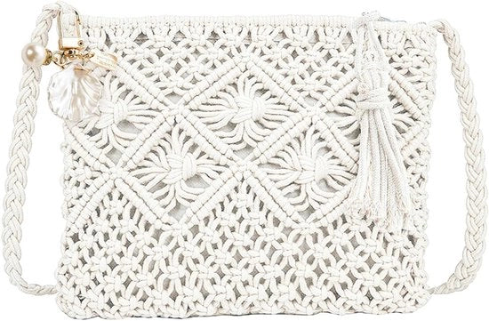 Borsa da Spalla per Donna in Pizzo Bianco Accessori da Spiaggia Handmade Borsa da Spalla con Telecomando e Portafoglio Borsa da Spalla con Porta Telefono e Portafoglio - Bianco