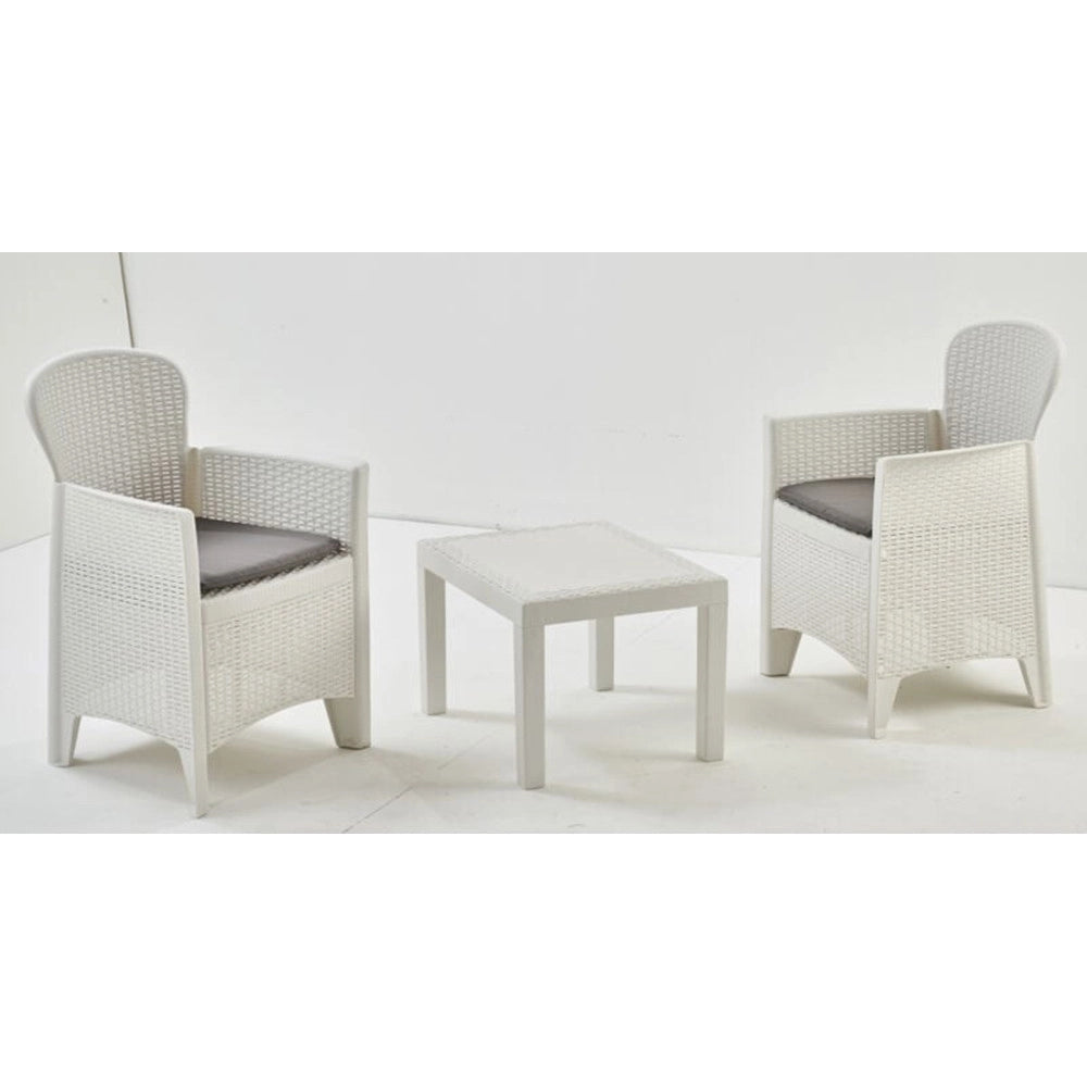 Trade Shop - Set Salotto Con Tavolino 2 Poltrone Bianco Effetto Rattan Con Cuscini Giardino 591073 -