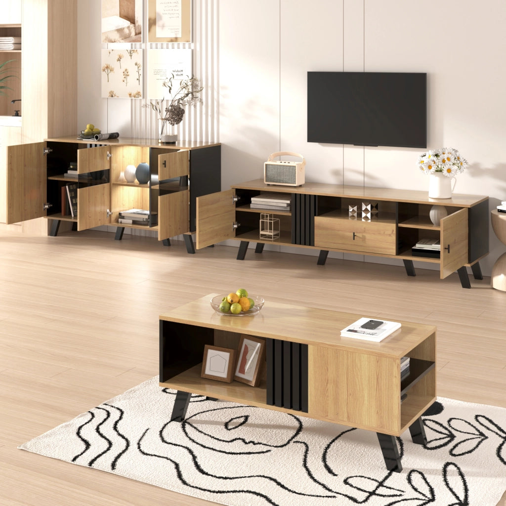 Credenza con 3 Ante; Ripiani; LED e Anta in Vetro; per Soggiorno; in Pannello di Particelle; 140 × 41 × 78.5 cm; Naturale