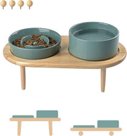 Set di ciotole per cani in ceramica - ciotola anti-scivolo con base in bambù per gatti e cani (verde scuro)