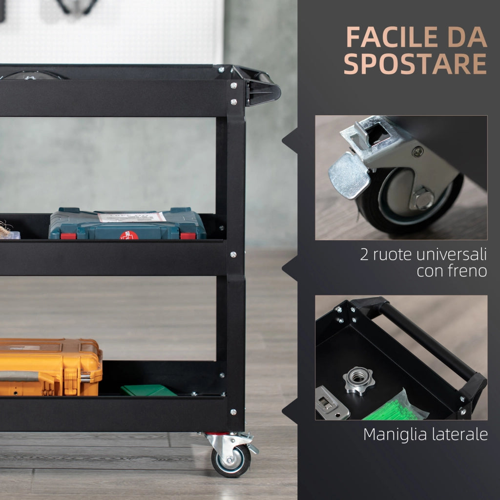Carrello Porta Attrezzi 3 Livelli ¨C Zephmum ¨C Acciaio 4 Ruote Girevoli 83x35.3x76 cm Nero