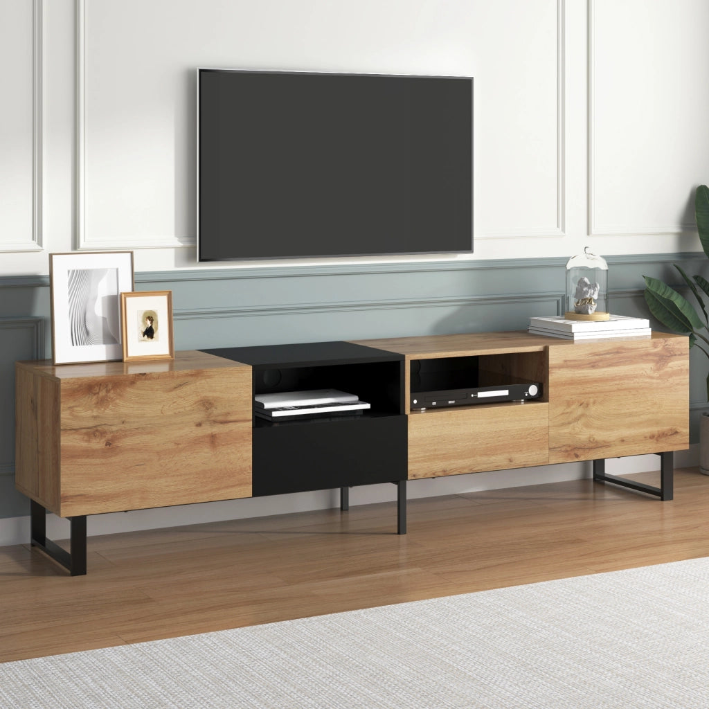 Mobile porta TV con 2 ante e 2 cassetti in MDF, effetto legno naturale e nero, con guide scorrevoli, 190 × 38 × 48 cm