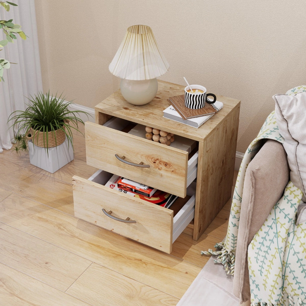 Comodino a 2 cassetti in legno con ripiano, Tavolino da notte compatto da pavimento per soggiorno camera da letto Naturale