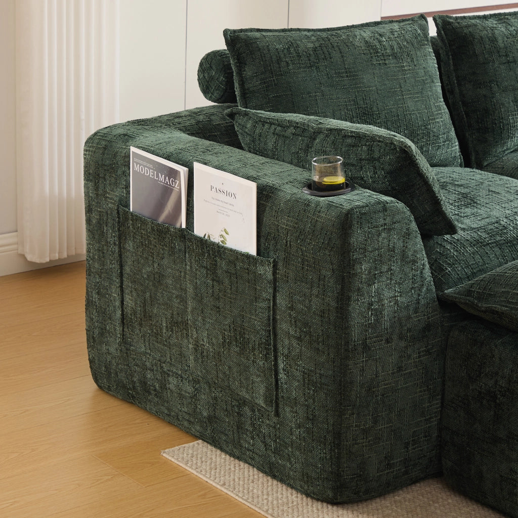 Divano modulare 3 posti con pouf in ciniglia verde e portabevande HOMVRA