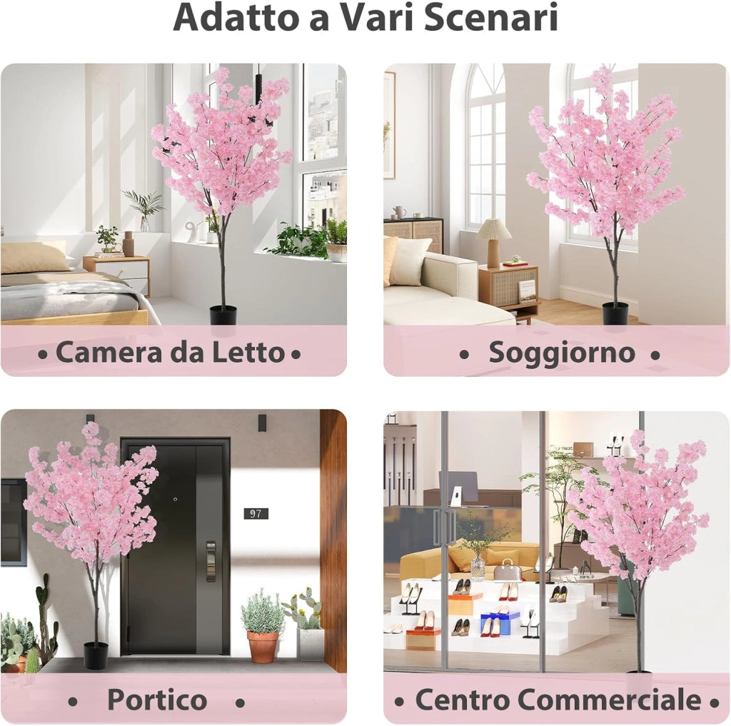 Albero di Finti Fiori di Ciliegio, Albero Artificiale con 900 Fiori Rosa, Tronco in PE Robusto, Base Riempita di Cemento, Pianta Floreale Finta in Vaso per Ufficio e Casa