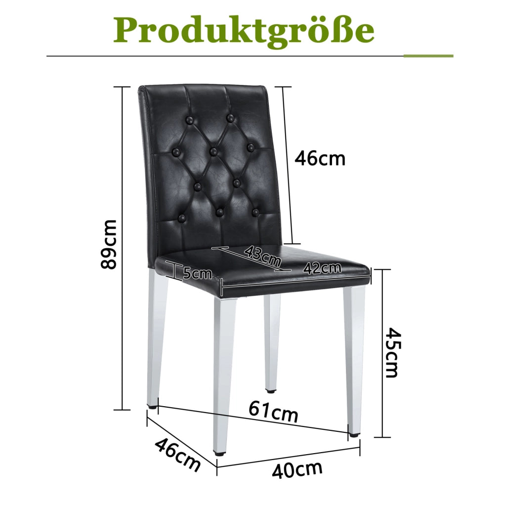 Set 4 sedie da pranzo nere in PU con schienale trapuntato; gambe in metallo argento lucido