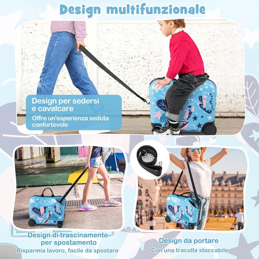 Valigia Cavalcabile per Bambini, 18" Valigia+ 12" Zaino,2 Pezzi, Trolley Bambini Bagaglio a Mano con Ruote Girevoli e Maniglia Retrattile, 2 Cingie Multiuso (Modello 8)
