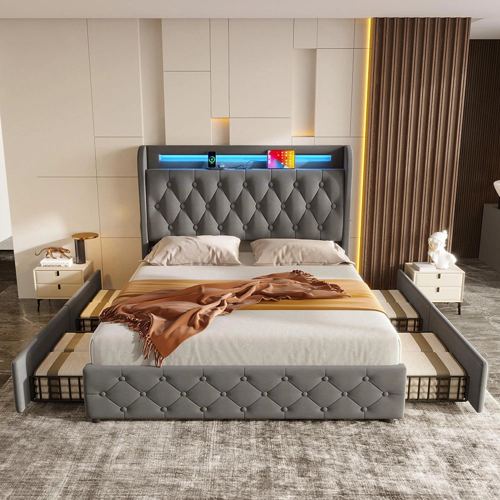 Letto imbottito 140x190 - Xylo - LED, USB, testiera con scaffali, 4 cassetti, velluto