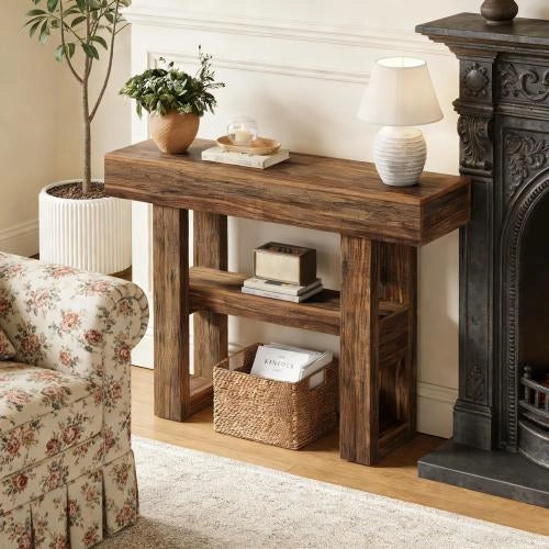Consolle con 2 ripiani per ingresso e soggiorno, stile rustico, in MDF, marrone, per piccoli spazi, 116 × 35 × 19,5 cm