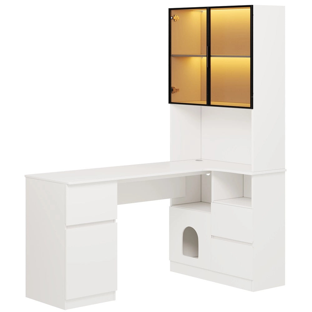 Scrivania Angolare con Libreria, Vetrina LED e Cassetti ¨C Xylo ¨C 120x80x180 cm
