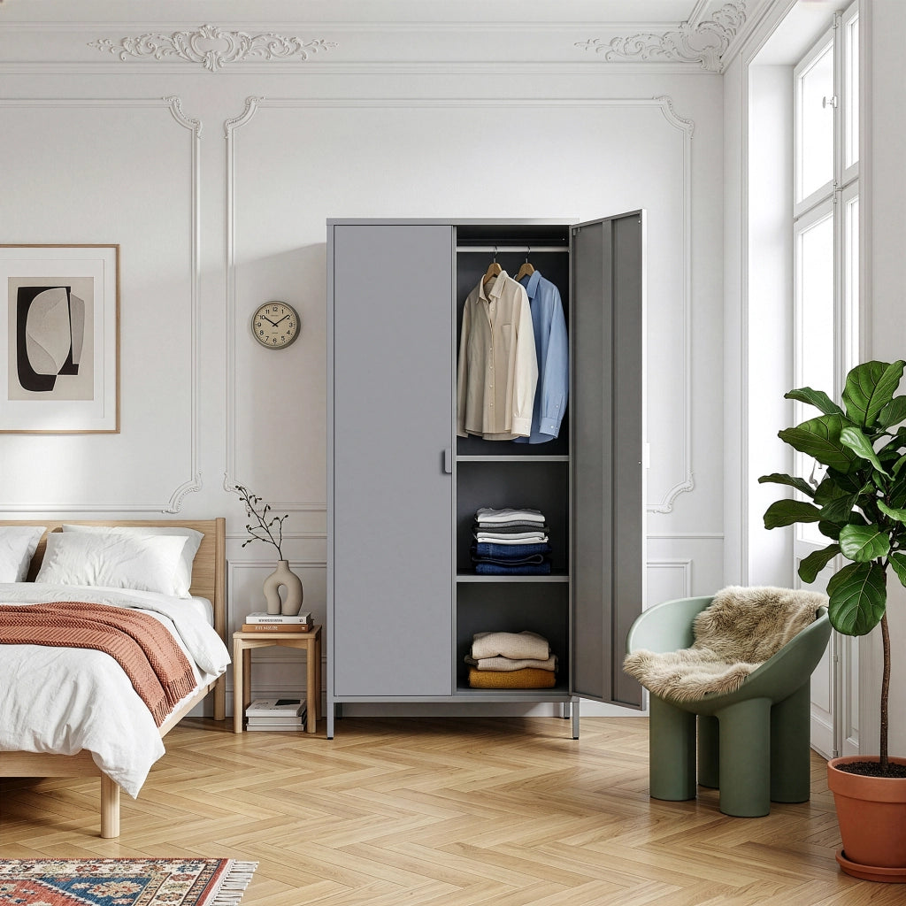Armadio Guradaroba Esteli in Acciaio a 2 Ante con 2 Barre Appendiabiti e 4 Ripiani 170 x 80 x 45 cm - Grigio [en.casa]