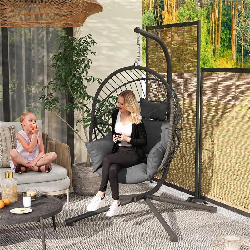 POLTRONA SOSPESA A UOVO CON CUSCINO IMBOTTITO E CESTO PIEGHEVOLE, 120X106X188 CM, GRIGIO
