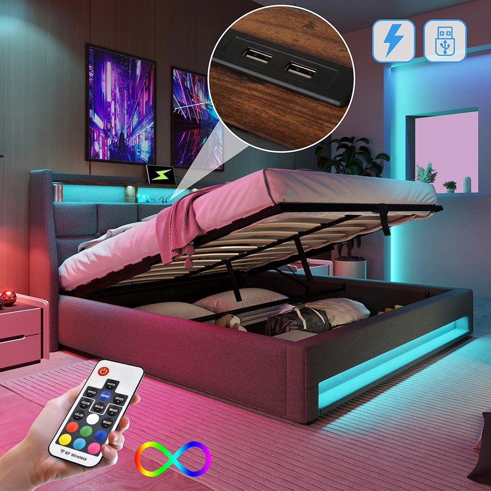 Lit a cassone imbottito 180x200 cm - Xylo - USB, LED, sommier a doghe metalliche per adolescenti, Grigio