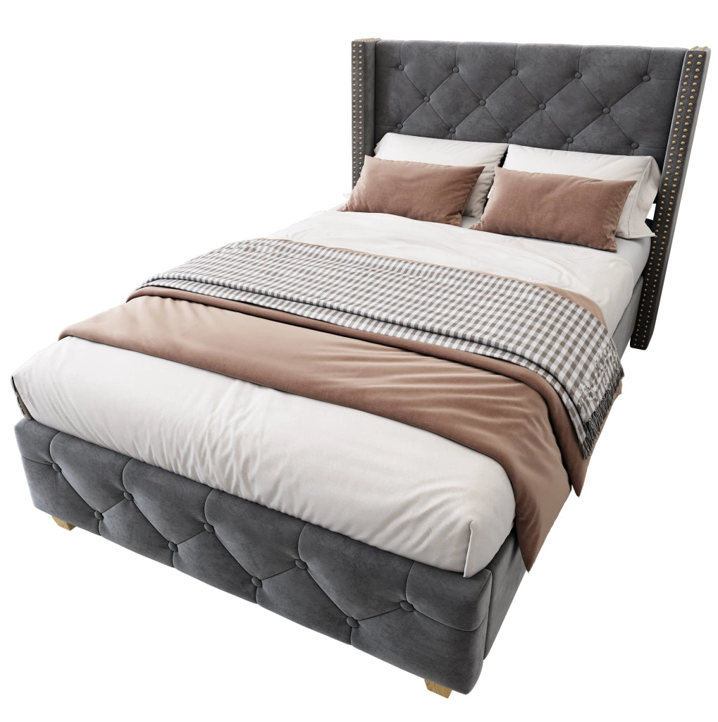 Letto imbottito in velluto grigio 90x200 cm con rete a doghe e testiera